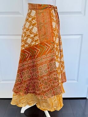 Vintage Indian 100% Silk Layered Long Wrap Skirt